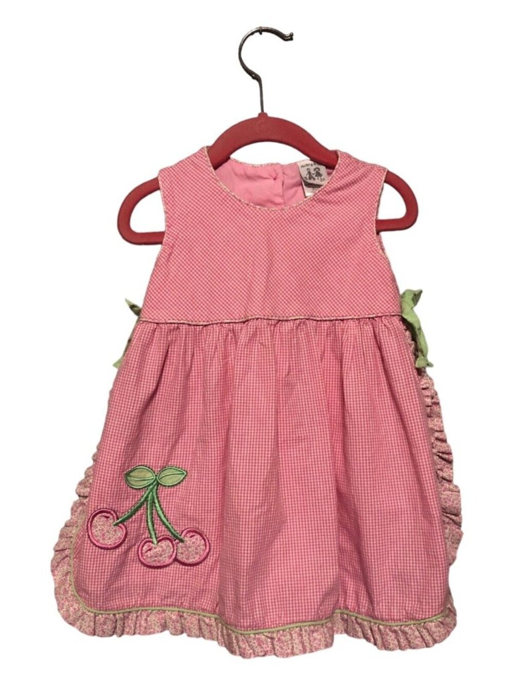 Austin & Ashley Pink White Gingham Apron Style Sundress Shirt Cherry Bows 24M
